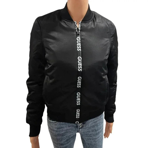 GUESS Black Bomber Jacket with Logo Tape - Picture 13 of 13
